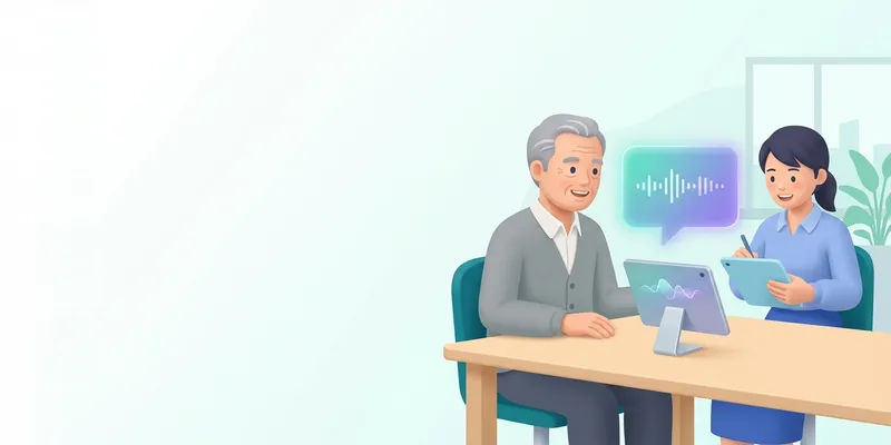 経験豊富な社員が AI のインタビューに答え、隣で若手がメモと見比べている様子
