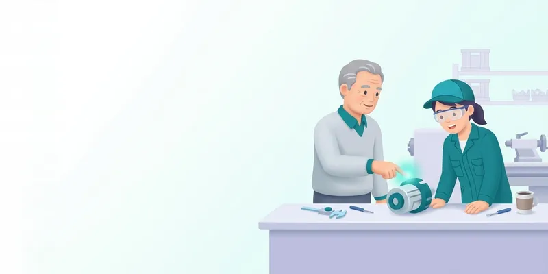 ベテランが機械の一部分を指さし、若手がのぞき込んでいる様子