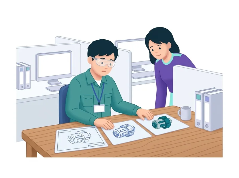 同じ部品が異なる図面表記で描かれ、突き合わせに悩む様子