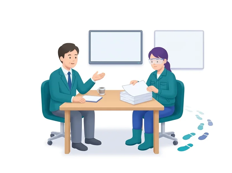 会議室で判断の根拠を尋ねられ、書類の山を遡って探す様子