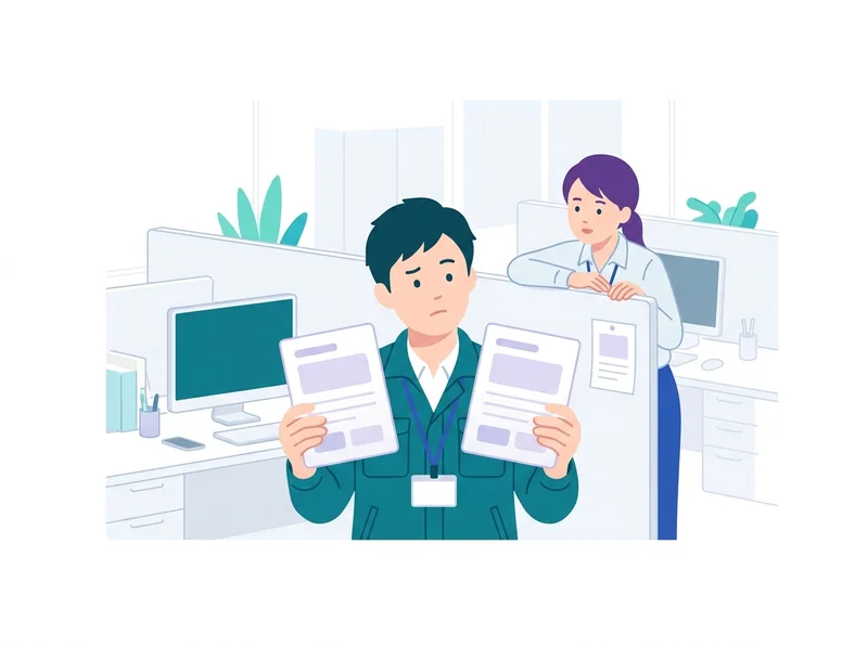 似た2つの資料を見比べ、どれが最新か判断に迷う様子