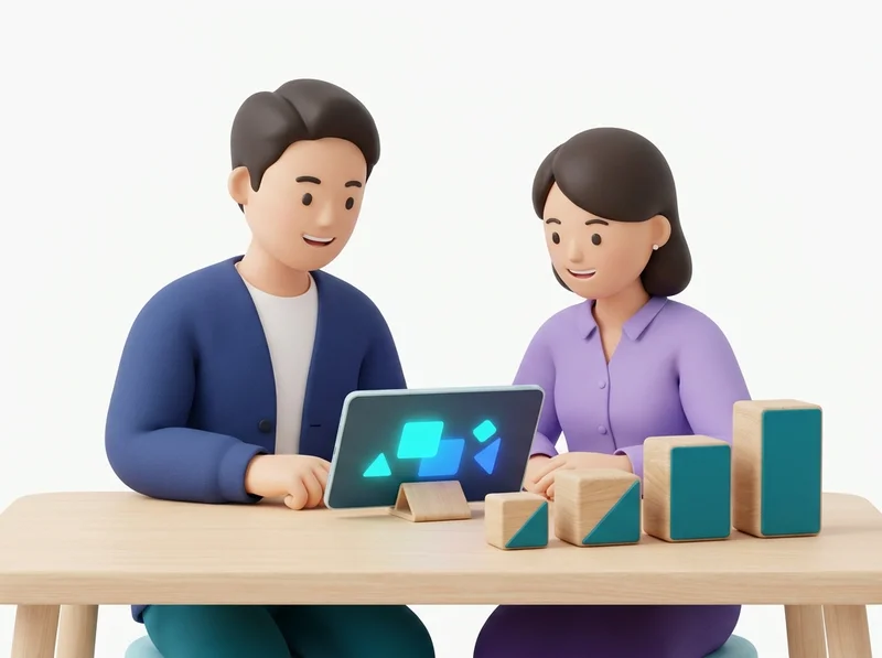 経営者と担当者がタブレットを見ながら、小さいものから大きいものへ並んだ4つの積み木を前に、プランを検討する様子